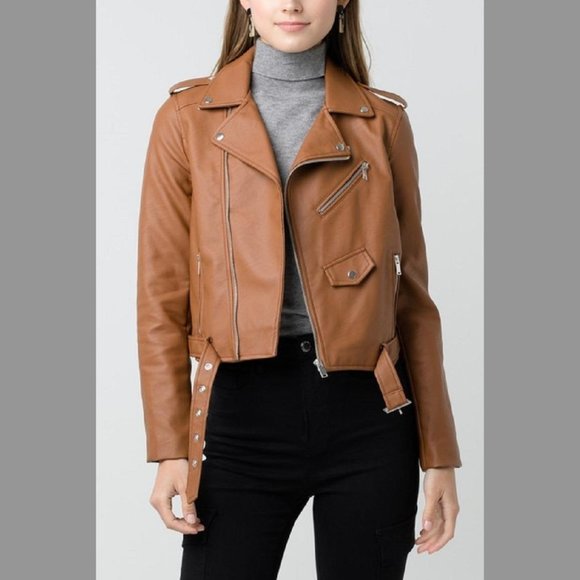 Love Tree Jackets & Blazers - Love Tree Tan Vegan Leather Moto Jacket - M - EUC